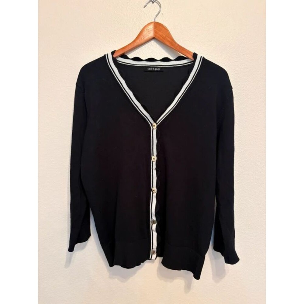 Black Striped V-Neck Cardigan / Preppy Indie Sleaze Sweater - Size L